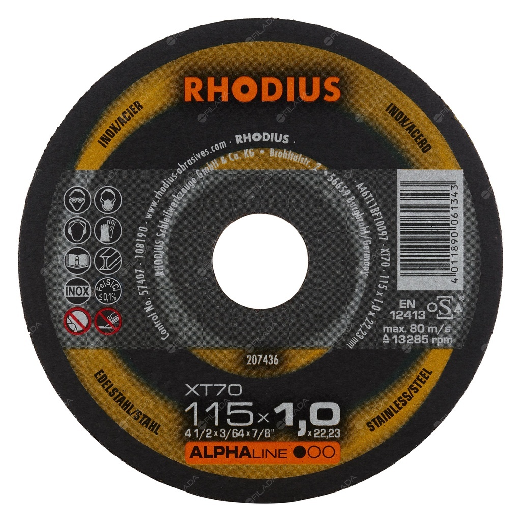  RHODIUS řezný kotouč XT70 115x1,0x22 ALPHAline na nerez 207436