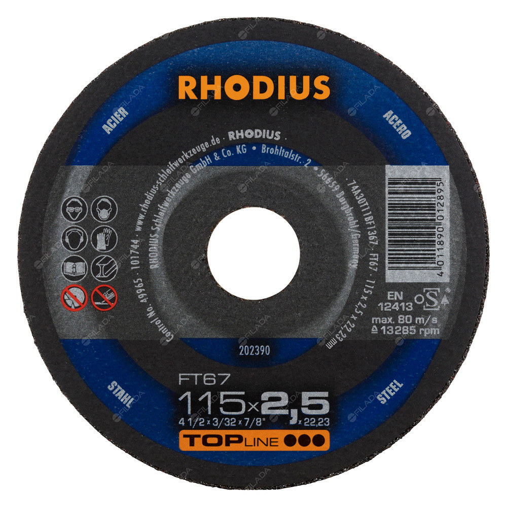 RHODIUS řezný kotouč FT67 115x2,5x22 TOPline na ocel -  RHODIUS řezný kotouč FT67 115x2,5x22 TOPline na ocel 202390