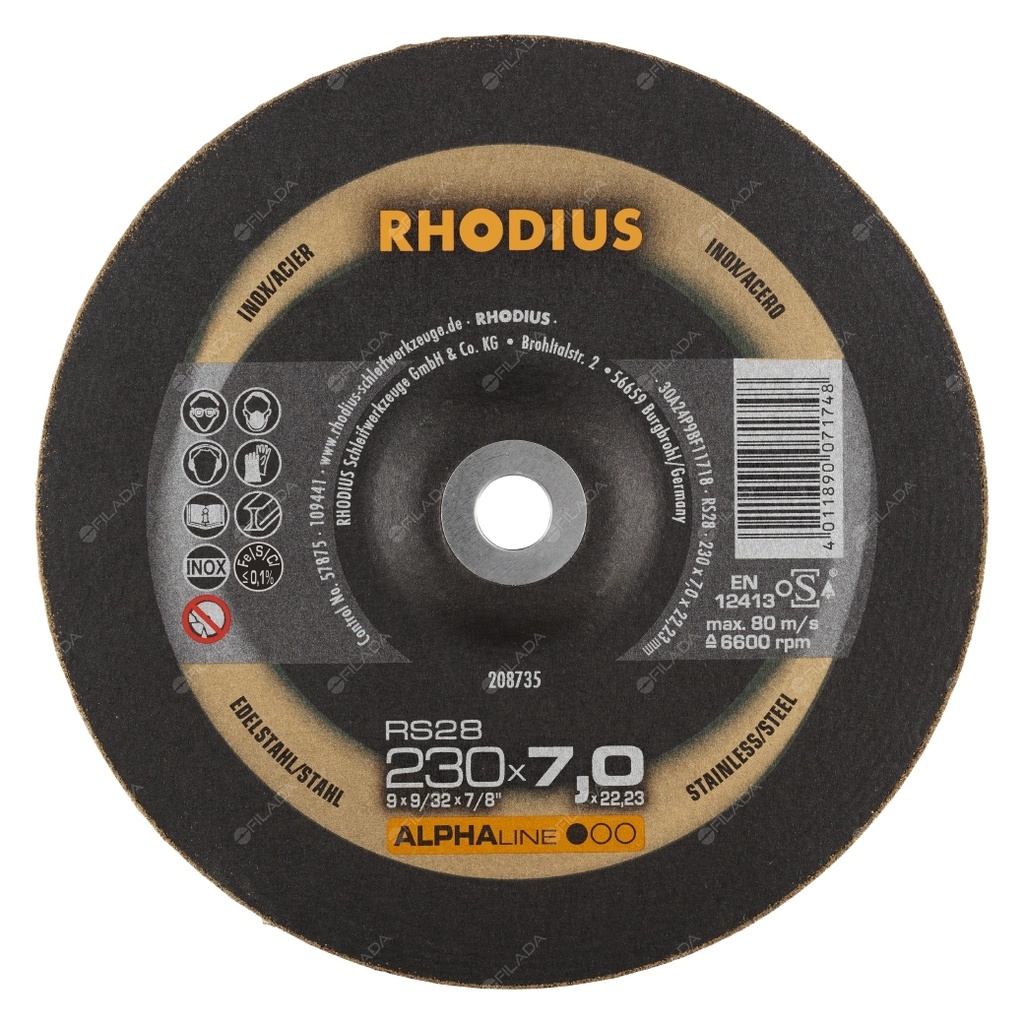 RHODIUS brusný kotouč RS28 230x7,0x22 Alphaline na ocel a nerez - 23070
