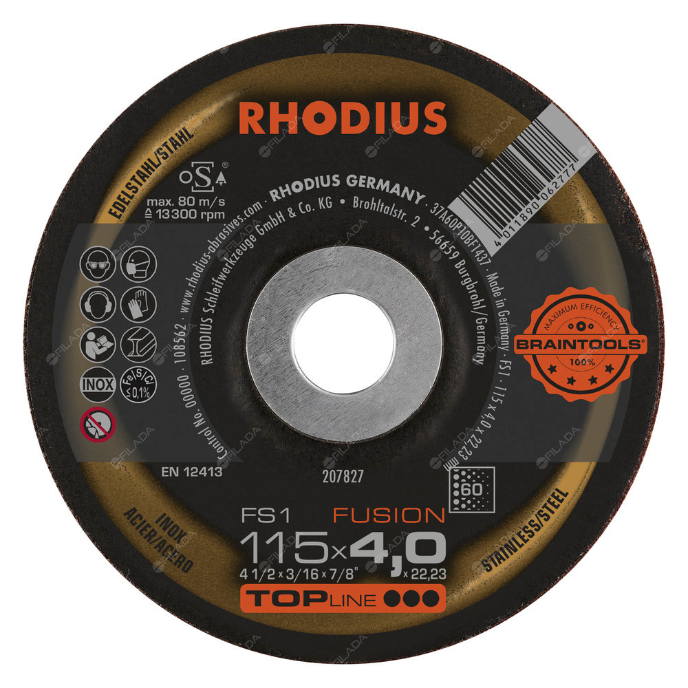 RHODIUS brusný kotouč FS1 FUSION 115x4,0x22 K60 TOPline na ocel a nerez - RHODIUS brusný kotouč FS1 FUSION 115x4,0x22 K60 TOPline na ocel a nerez 207827