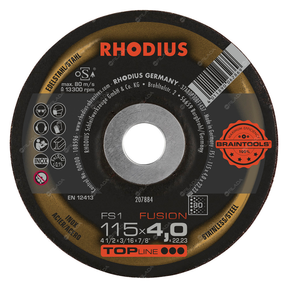 RHODIUS brusný kotouč FS1 Fusion 115x4,0x22 TOPline na nerez K80 -  RHODIUS brusný kotouč FS1 FUSION 115x4,0x22 K80 TOPline na ocel a nerez 207884