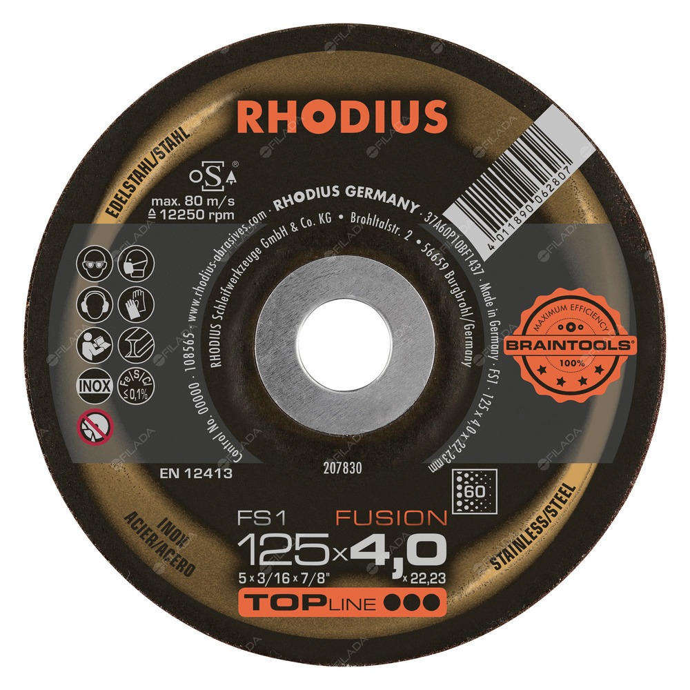 RHODIUS brusný kotouč FS1 Fusion 125x4,0x22 TOPline na nerez K60 - RHODIUS brusný kotouč FS1 FUSION 125x4,0x22 K60 TOPline na ocel a nerez 207830