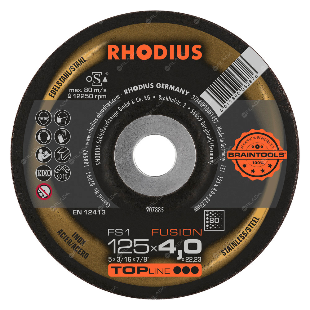 RHODIUS brusný kotouč FS1 Fusion 125x4,0x22 TOPline na nerez K80 -  RHODIUS brusný kotouč FS1 FUSION 125x4,0x22 K80 TOPline na ocel a nerez 207885