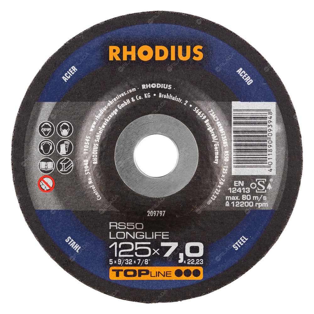RHODIUS brusný kotouč RS50 125x7,0x22 TOPline ocel, litina -  RHODIUS brusný kotouč RS50 LONGLIFE 125x7,0x22 TOPline na ocel a litinu 209797