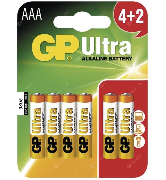 GP Ultra alkalická baterie 6ks LR03/AAA B1911MM - AAA-GP-ULTRA-bal4+2