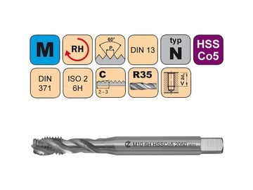 NCZ strojní závitník HSSCo5 šroubovitý 6H CZZ2050