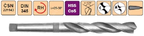 HSSCo5 vrták vybrušovaný Morse kužel (Mk III Ø 23,50mm-31,50mm)