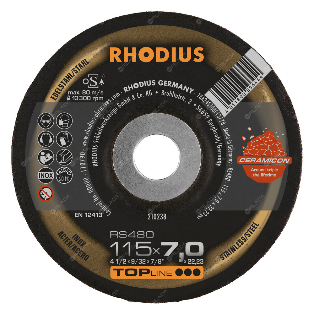 RHODIUS brusný kotouč RS480 115x7,0x22 TOPline, nerez, litina -  RHODIUS brusný kotouč RS480 115x7,0x22 TOPline na ocel, nerez a litinu 210238
