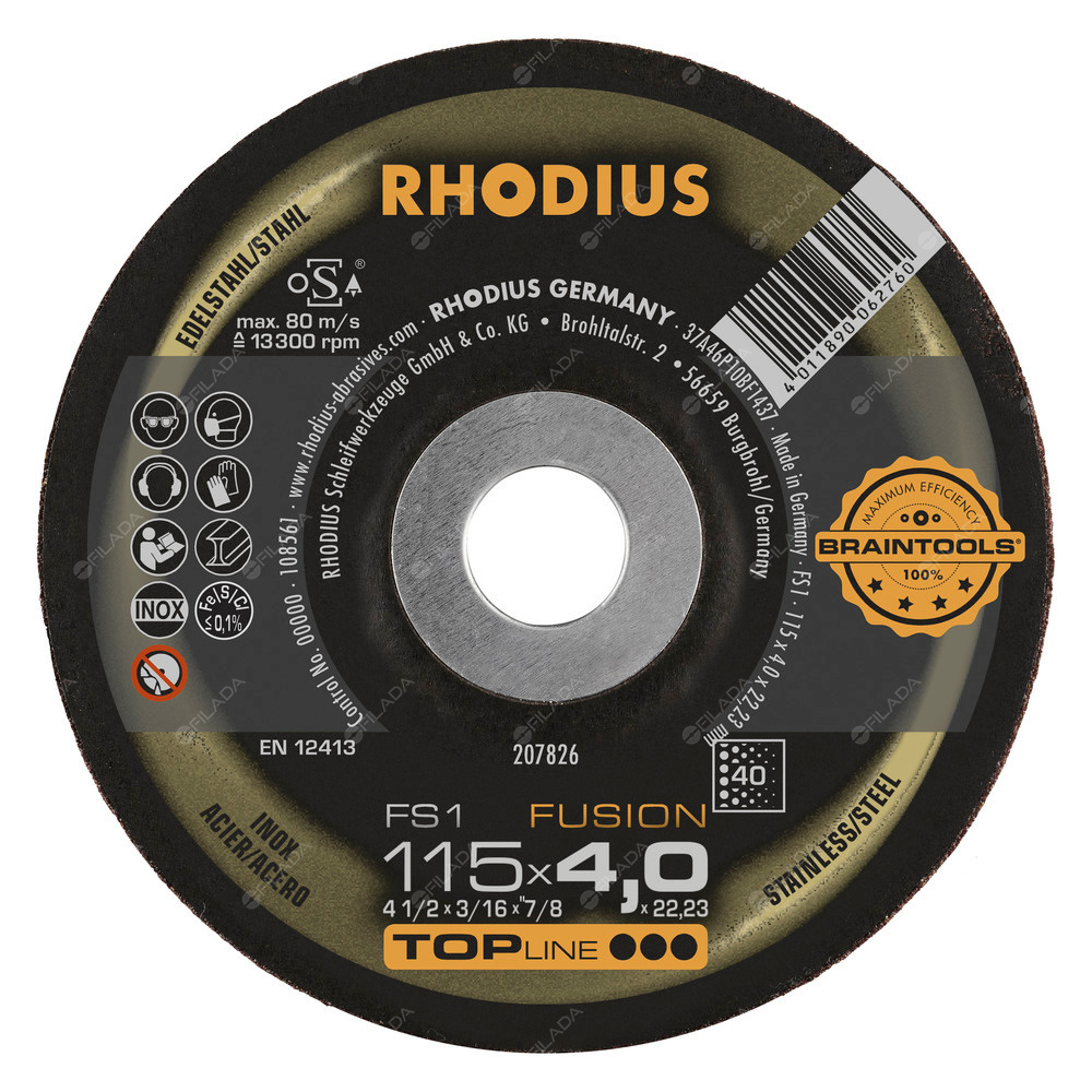 RHODIUS brusný kotouč FS1 Fusion 115x4,0x22 TOPline na nerez K40 -  RHODIUS brusný kotouč FS1 FUSION 115x4,0x22 K40 TOPline na ocel a nerez 207826